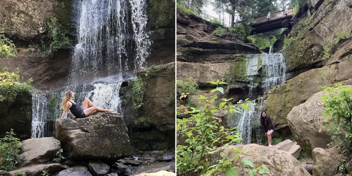Two woman under the falls at hard luck